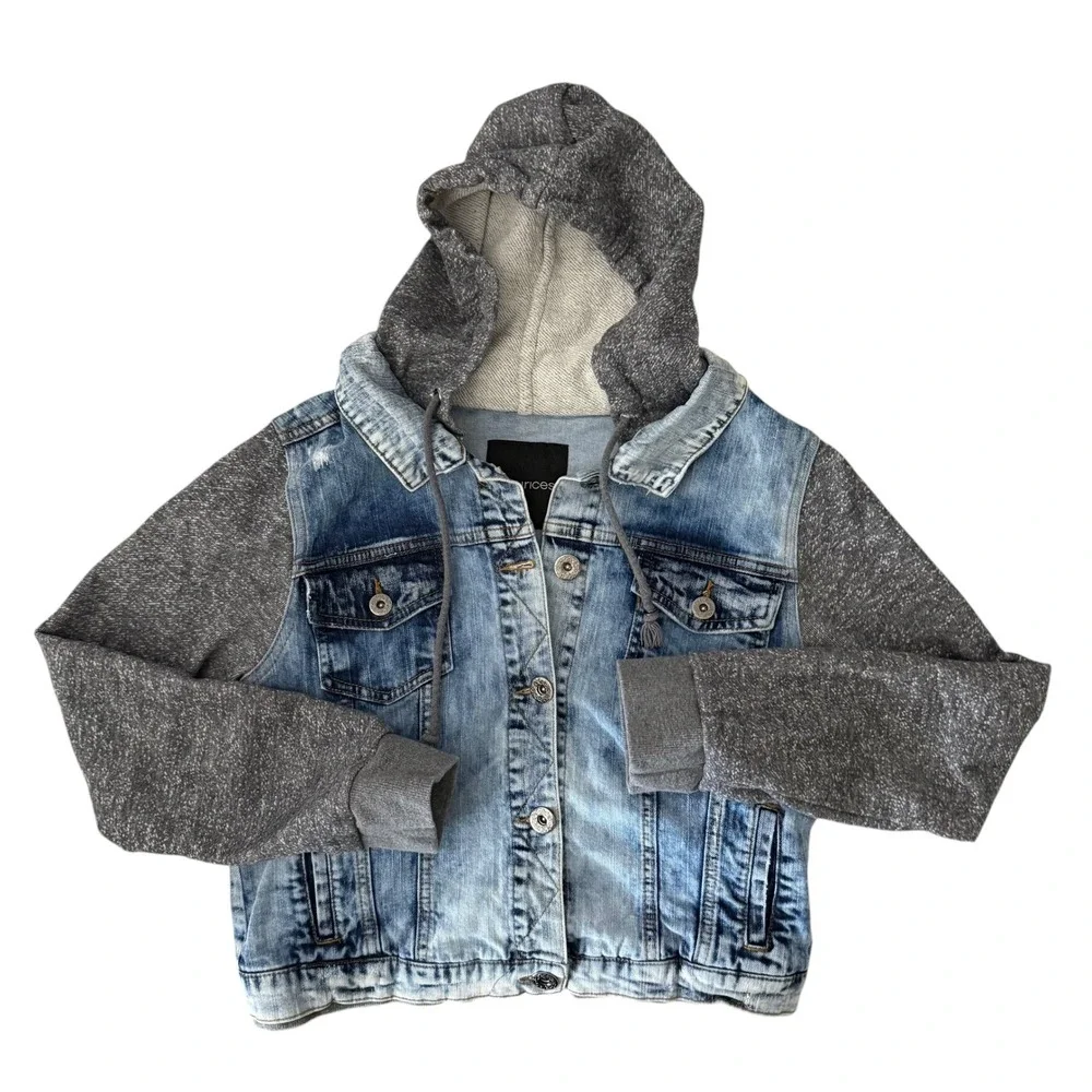 Maurices Hooded Denim Jacket Womens M Medium Blue Gray Mixed Media Trucker